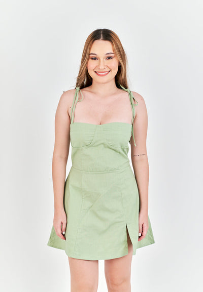 Eboshi Sage Linen Sleeveless Self Tie Straps Smock Zipper Back Mini Dress