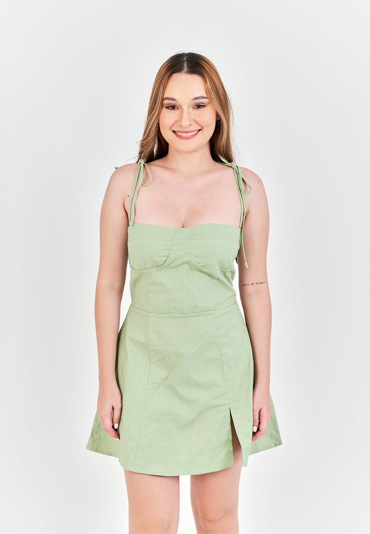 Eboshi Sage Linen Sleeveless Self Tie Straps Smock Zipper Back Mini Dress