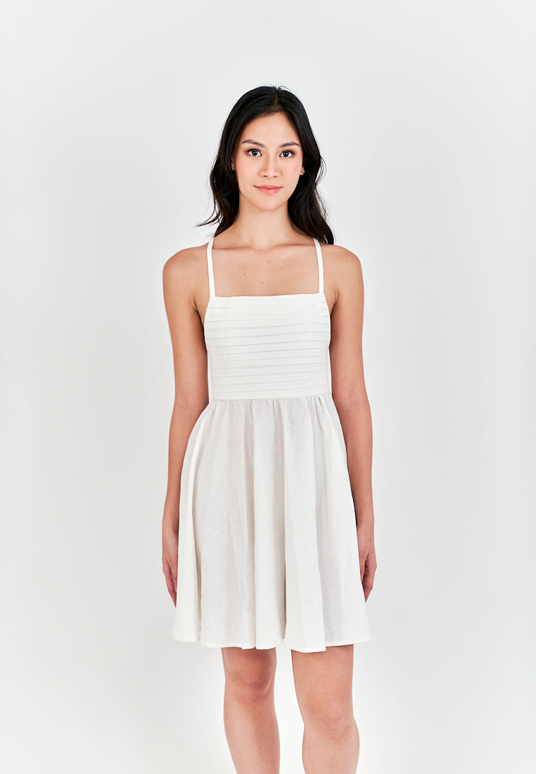 Seita White Linen Pleated Sleeveless Criss Cross Zipper Back Mini Dress