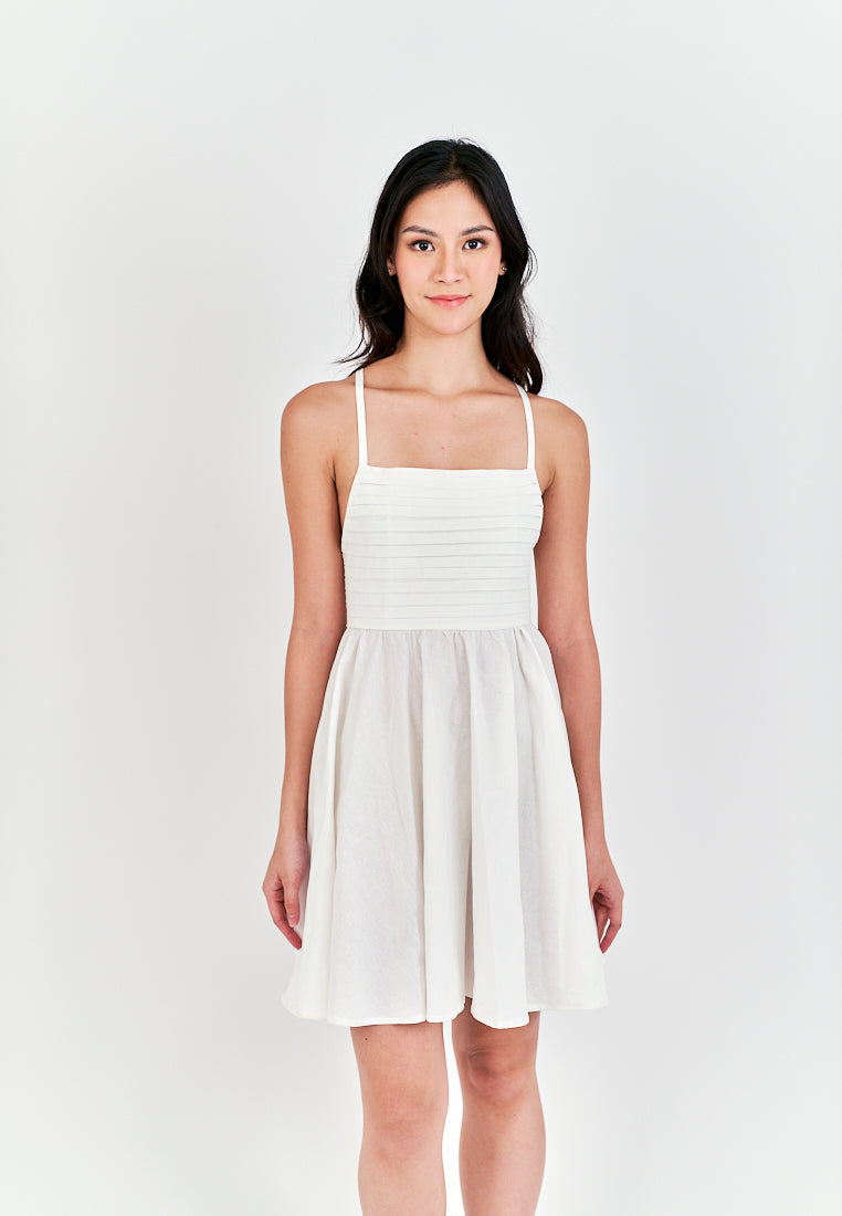 Seita White Linen Pleated Sleeveless Criss Cross Zipper Back Mini Dress