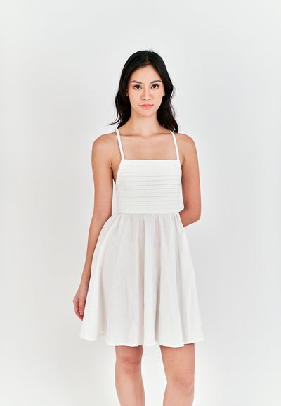 Seita White Linen Pleated Sleeveless Criss Cross Zipper Back Mini Dress