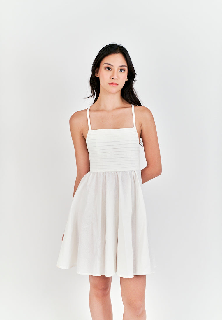 Seita White Linen Pleated Sleeveless Criss Cross Zipper Back Mini Dress