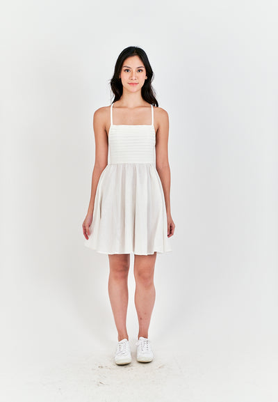Seita White Linen Pleated Sleeveless Criss Cross Zipper Back Mini Dress
