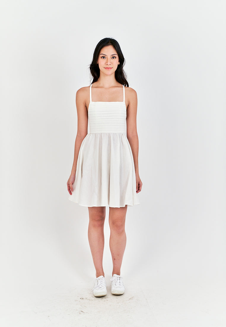 Seita White Linen Pleated Sleeveless Criss Cross Zipper Back Mini Dress