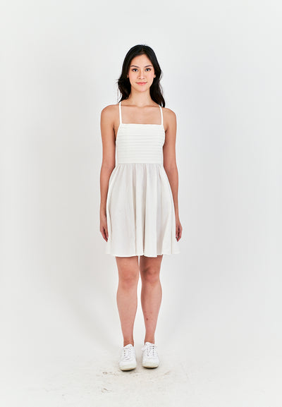 Seita White Linen Pleated Sleeveless Criss Cross Zipper Back Mini Dress