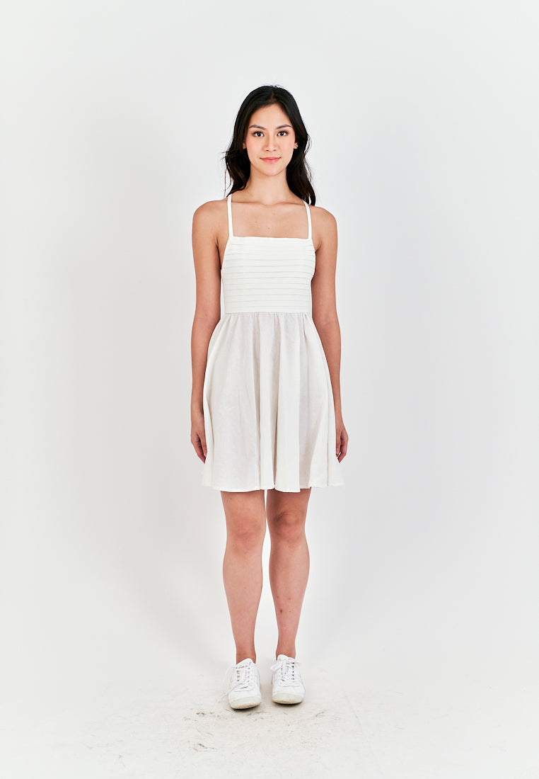 Seita White Linen Pleated Sleeveless Criss Cross Zipper Back Mini Dress