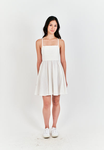 Seita White Linen Pleated Sleeveless Criss Cross Zipper Back Mini Dress