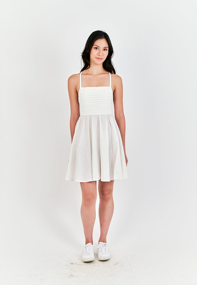 Seita White Linen Pleated Sleeveless Criss Cross Zipper Back Mini Dress