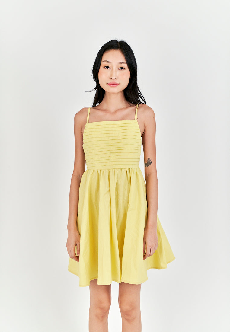 Seita Yellow Linen Pleated Sleeveless Criss Cross Zipper Back Mini Dress