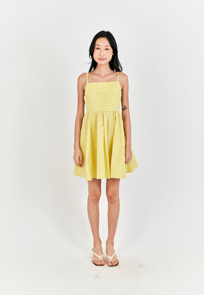 Seita Yellow Linen Pleated Sleeveless Criss Cross Zipper Back Mini Dress