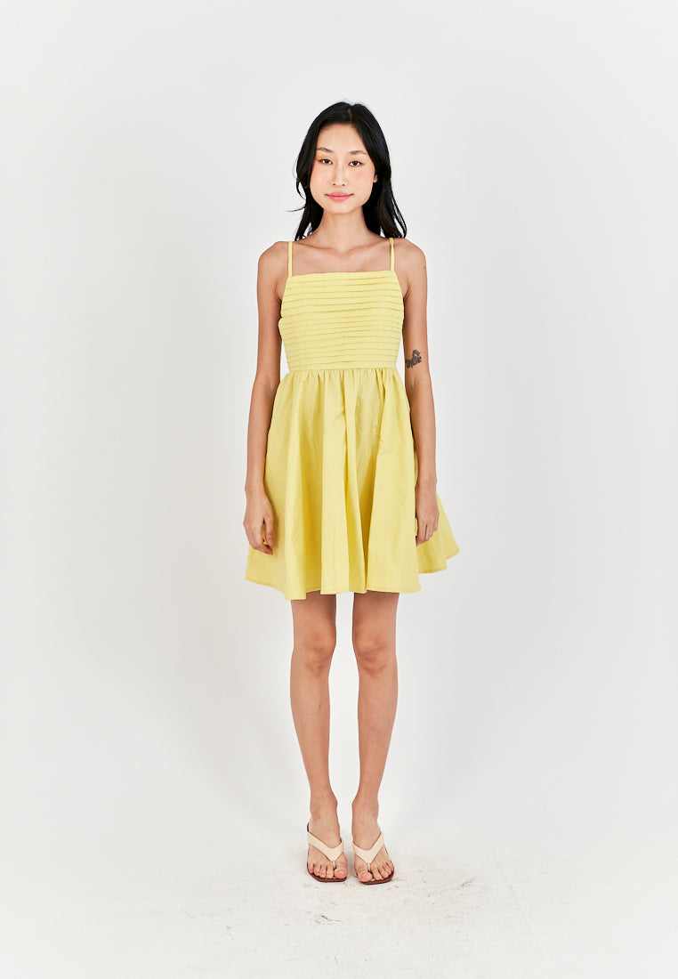 Seita Yellow Linen Pleated Sleeveless Criss Cross Zipper Back Mini Dress
