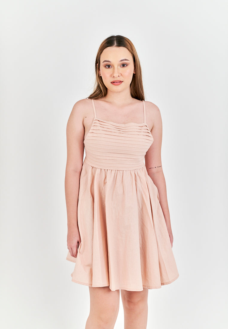 Seita Pink Linen Pleated Sleeveless Criss Cross Zipper Back Mini Dress