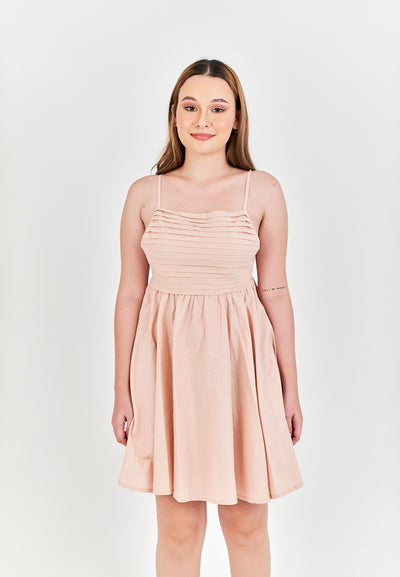 Seita Pink Linen Pleated Sleeveless Criss Cross Zipper Back Mini Dress
