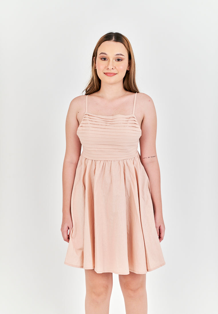 Seita Pink Linen Pleated Sleeveless Criss Cross Zipper Back Mini Dress