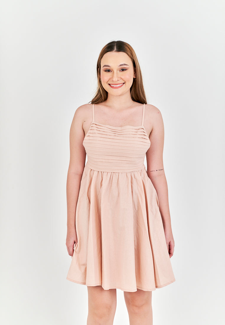 Seita Pink Linen Pleated Sleeveless Criss Cross Zipper Back Mini Dress