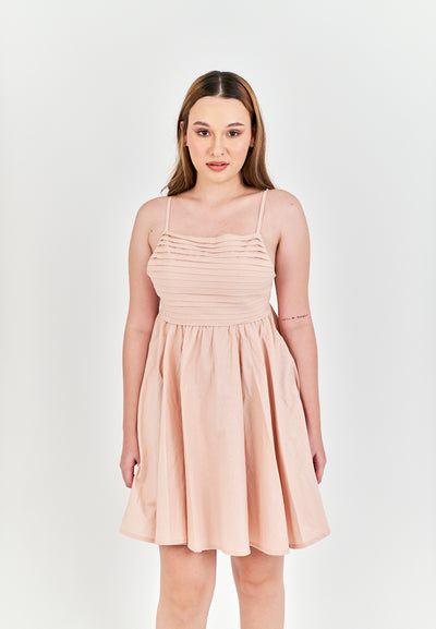 Seita Pink Linen Pleated Sleeveless Criss Cross Zipper Back Mini Dress