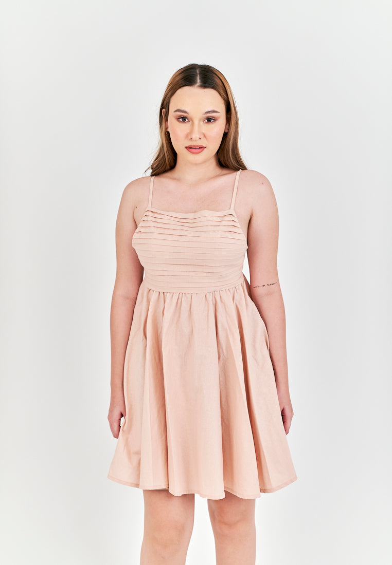 Seita Pink Linen Pleated Sleeveless Criss Cross Zipper Back Mini Dress