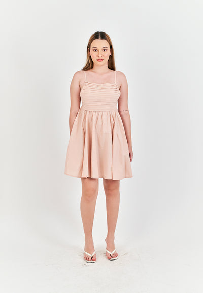 Seita Pink Linen Pleated Sleeveless Criss Cross Zipper Back Mini Dress