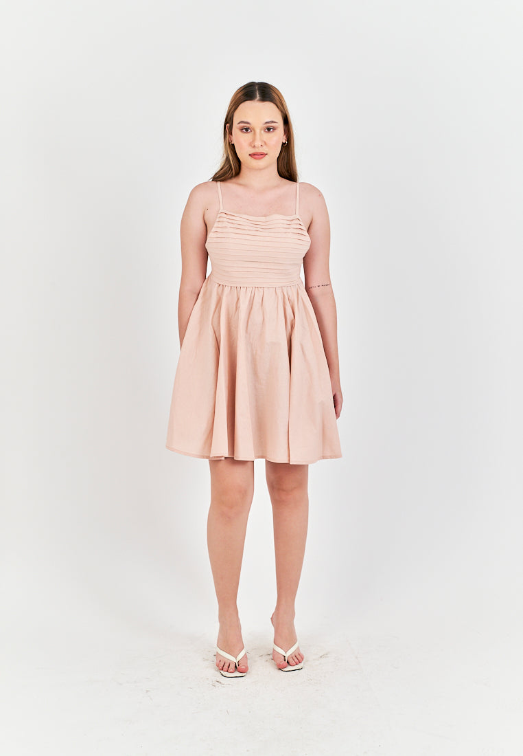 Seita Pink Linen Pleated Sleeveless Criss Cross Zipper Back Mini Dress