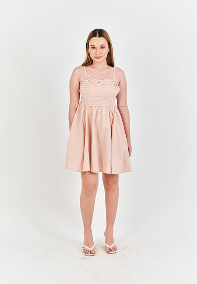 Seita Pink Linen Pleated Sleeveless Criss Cross Zipper Back Mini Dress