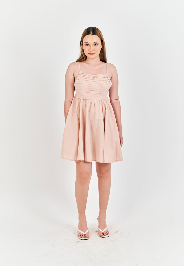 Seita Pink Linen Pleated Sleeveless Criss Cross Zipper Back Mini Dress