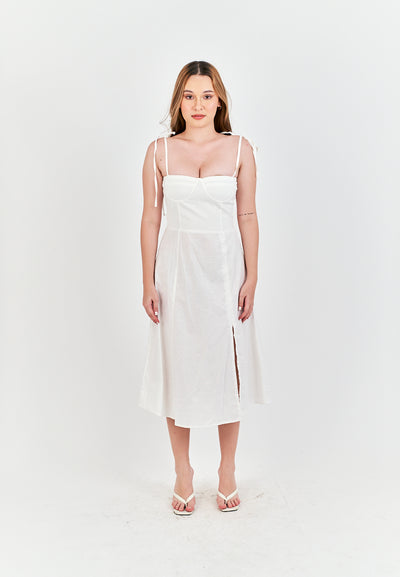 Kushana White Linen Sleeveless Self Tie Strap Smock Back Thigh Slit Midi Dress