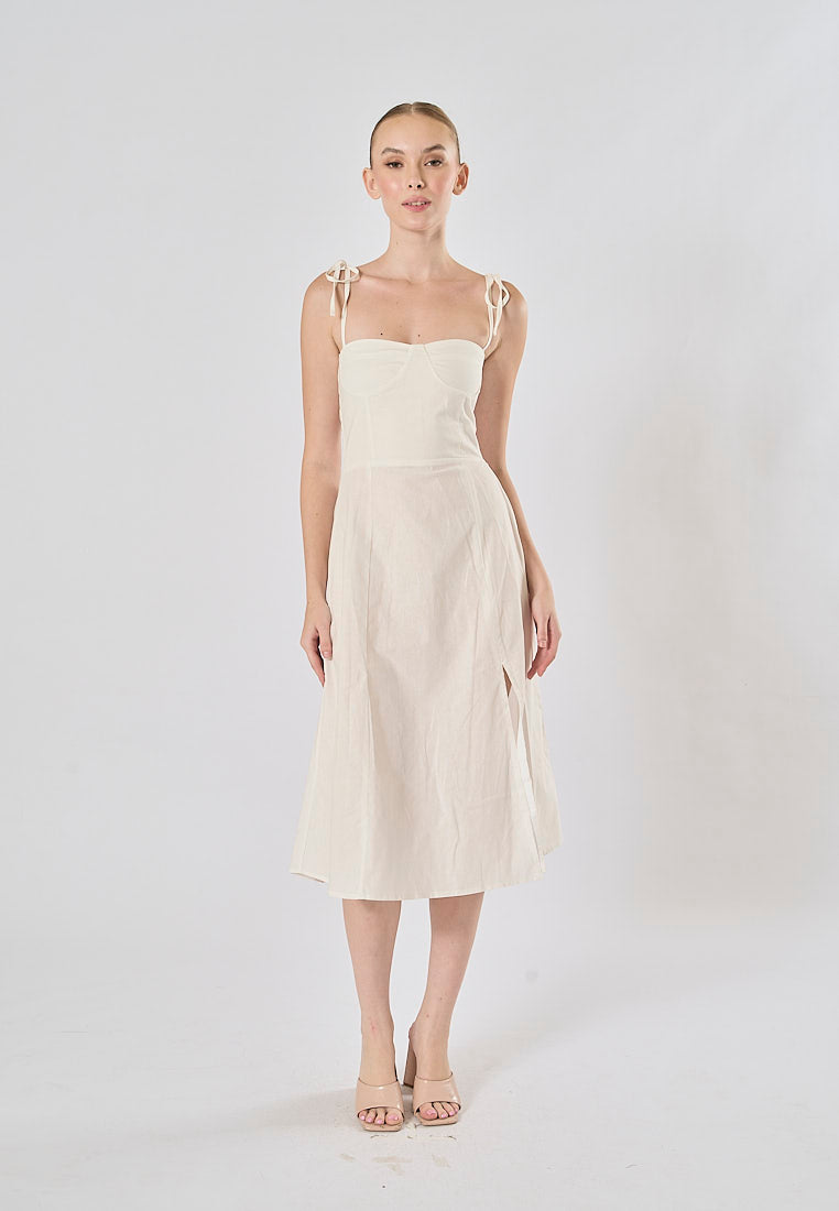 Kushana White Linen Sleeveless Self Tie Strap Smock Back Thigh Slit Midi Dress