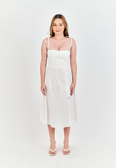 Kushana White Linen Sleeveless Self Tie Strap Smock Back Thigh Slit Midi Dress