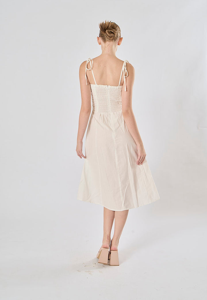 Kushana White Linen Sleeveless Self Tie Strap Smock Back Thigh Slit Midi Dress
