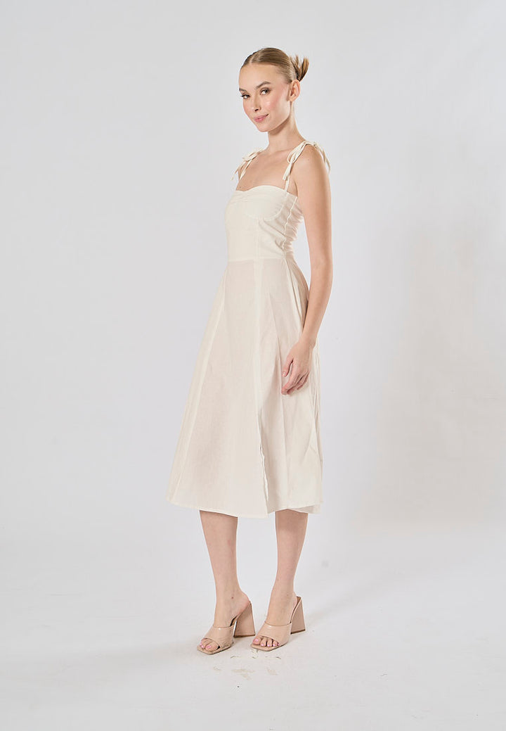 Kushana White Linen Sleeveless Self Tie Strap Smock Back Thigh Slit Midi Dress