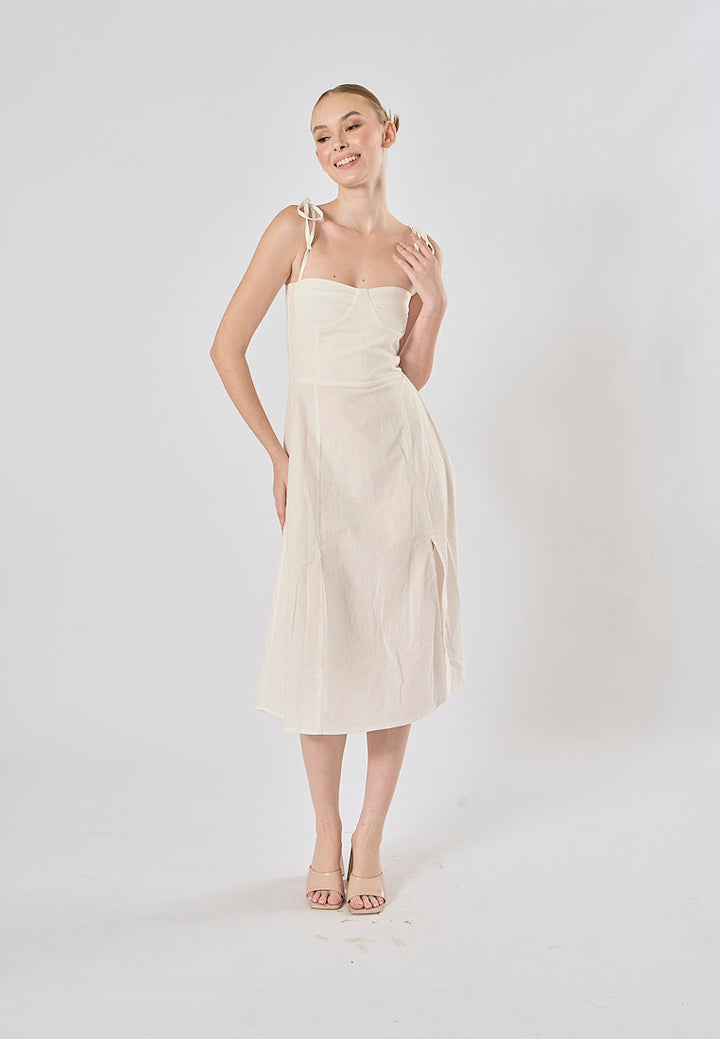 Kushana White Linen Sleeveless Self Tie Strap Smock Back Thigh Slit Midi Dress
