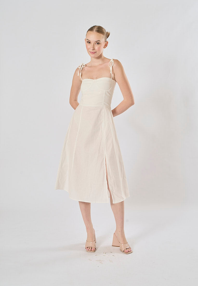 Kushana White Linen Sleeveless Self Tie Strap Smock Back Thigh Slit Midi Dress