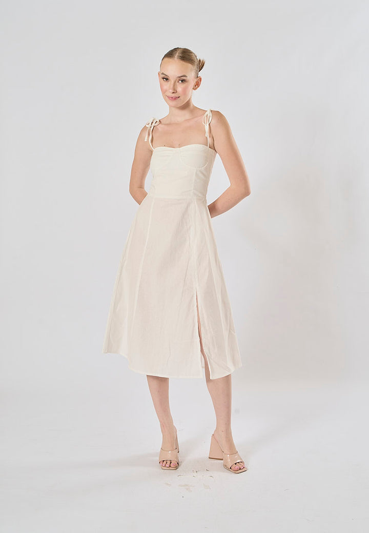 Kushana White Linen Sleeveless Self Tie Strap Smock Back Thigh Slit Midi Dress