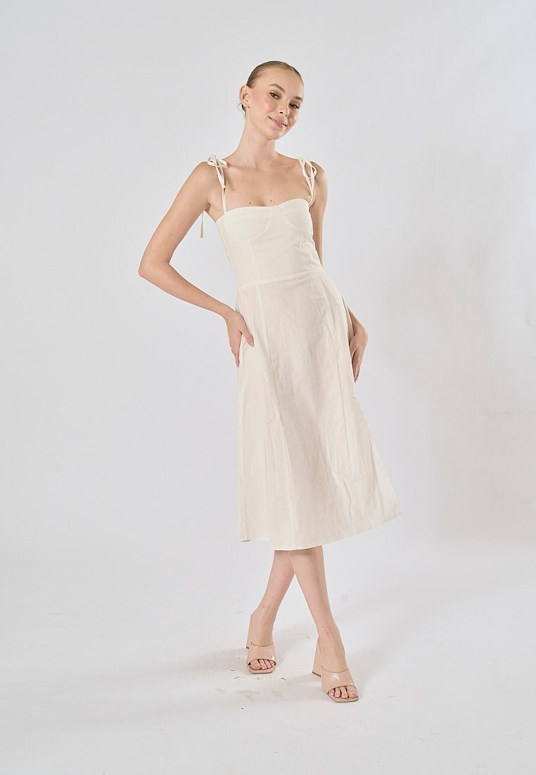 Kushana White Linen Sleeveless Self Tie Strap Smock Back Thigh Slit Midi Dress