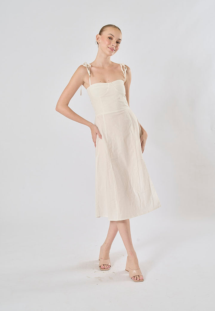 Kushana White Linen Sleeveless Self Tie Strap Smock Back Thigh Slit Midi Dress