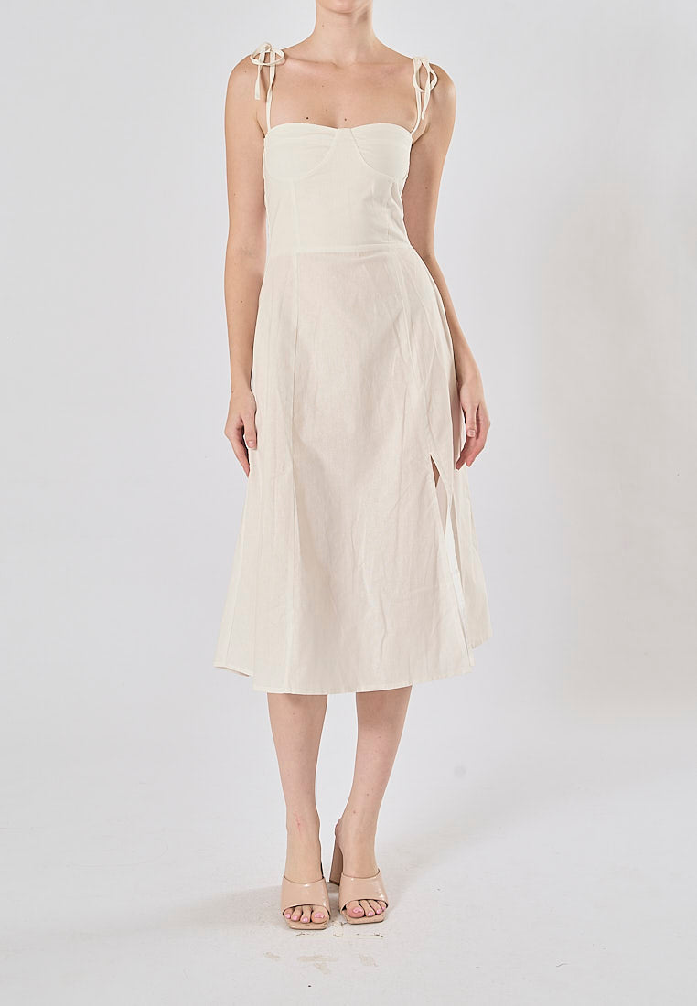 Kushana White Linen Sleeveless Self Tie Strap Smock Back Thigh Slit Midi Dress