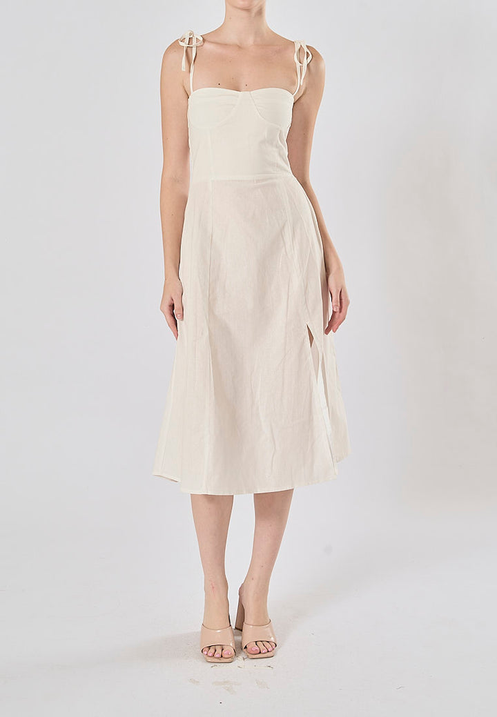 Kushana White Linen Sleeveless Self Tie Strap Smock Back Thigh Slit Midi Dress