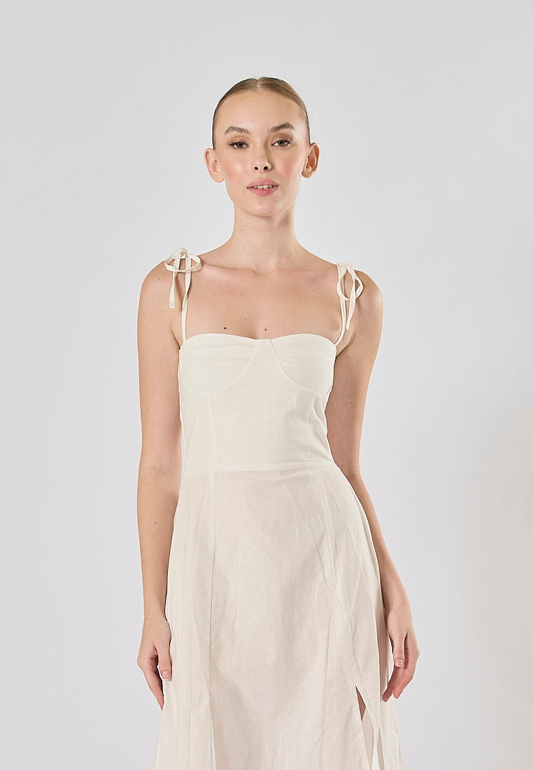 Kushana White Linen Sleeveless Self Tie Strap Smock Back Thigh Slit Midi Dress