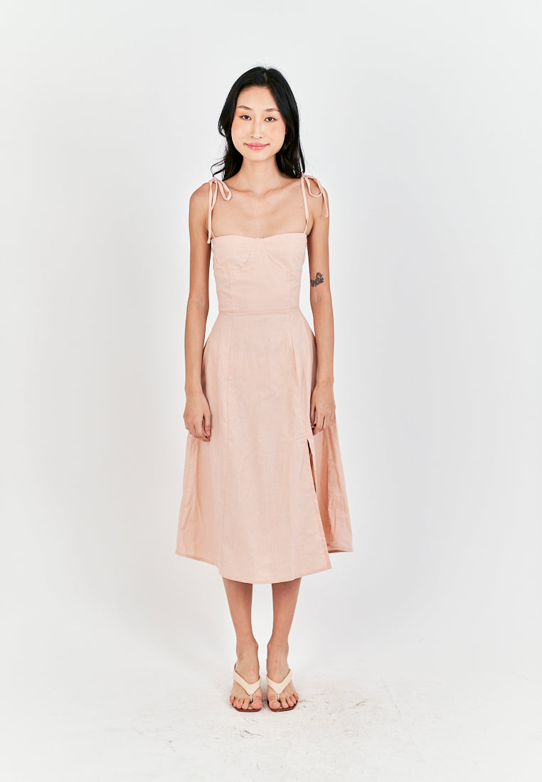 Kushana Pink Linen Sleeveless Self Tie Strap Smock Back Thigh Slit Midi Dress