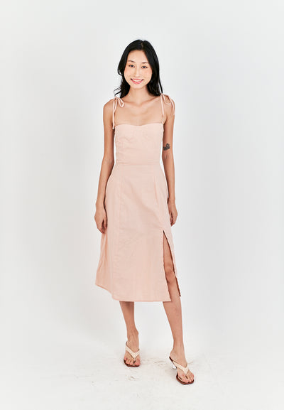 Kushana Pink Linen Sleeveless Self Tie Strap Smock Back Thigh Slit Midi Dress