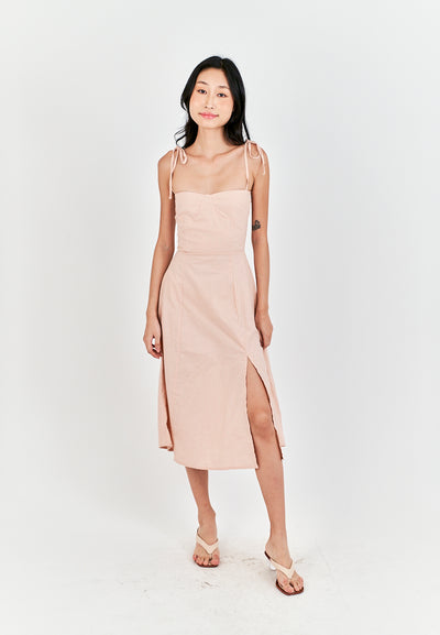 Kushana Pink Linen Sleeveless Self Tie Strap Smock Back Thigh Slit Midi Dress