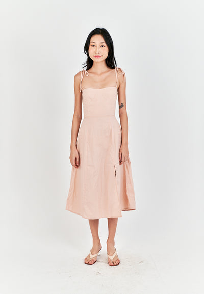 Kushana Pink Linen Sleeveless Self Tie Strap Smock Back Thigh Slit Midi Dress