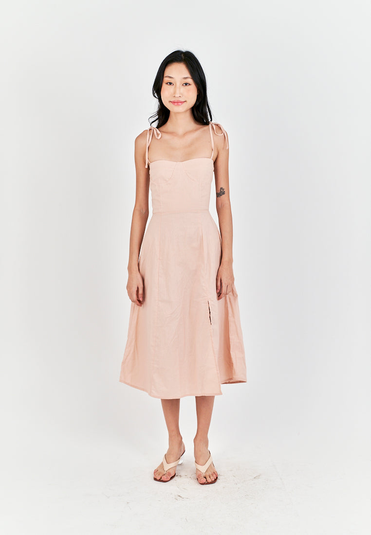 Kushana Pink Linen Sleeveless Self Tie Strap Smock Back Thigh Slit Midi Dress