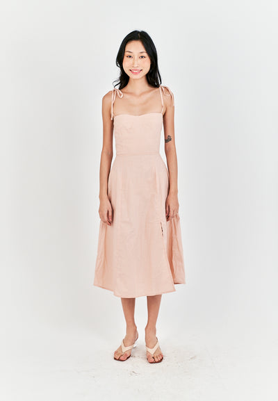 Kushana Pink Linen Sleeveless Self Tie Strap Smock Back Thigh Slit Midi Dress