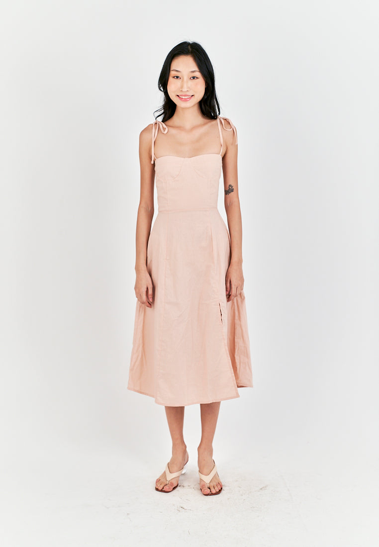 Kushana Pink Linen Sleeveless Self Tie Strap Smock Back Thigh Slit Midi Dress
