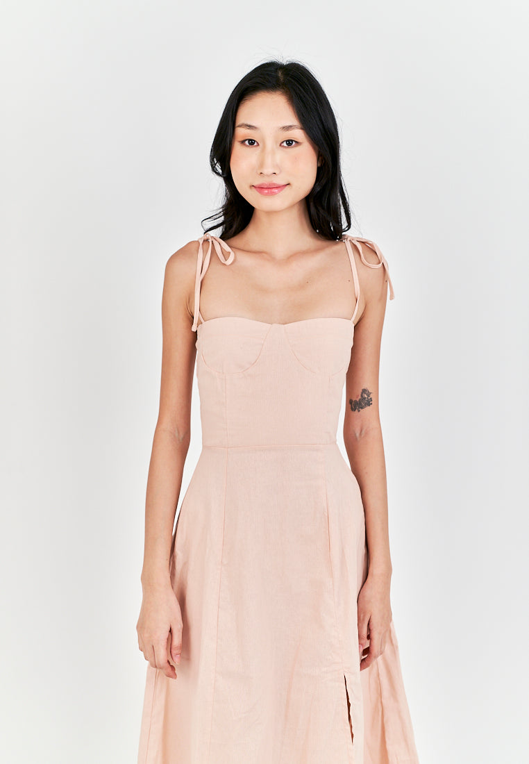 Kushana Pink Linen Sleeveless Self Tie Strap Smock Back Thigh Slit Midi Dress