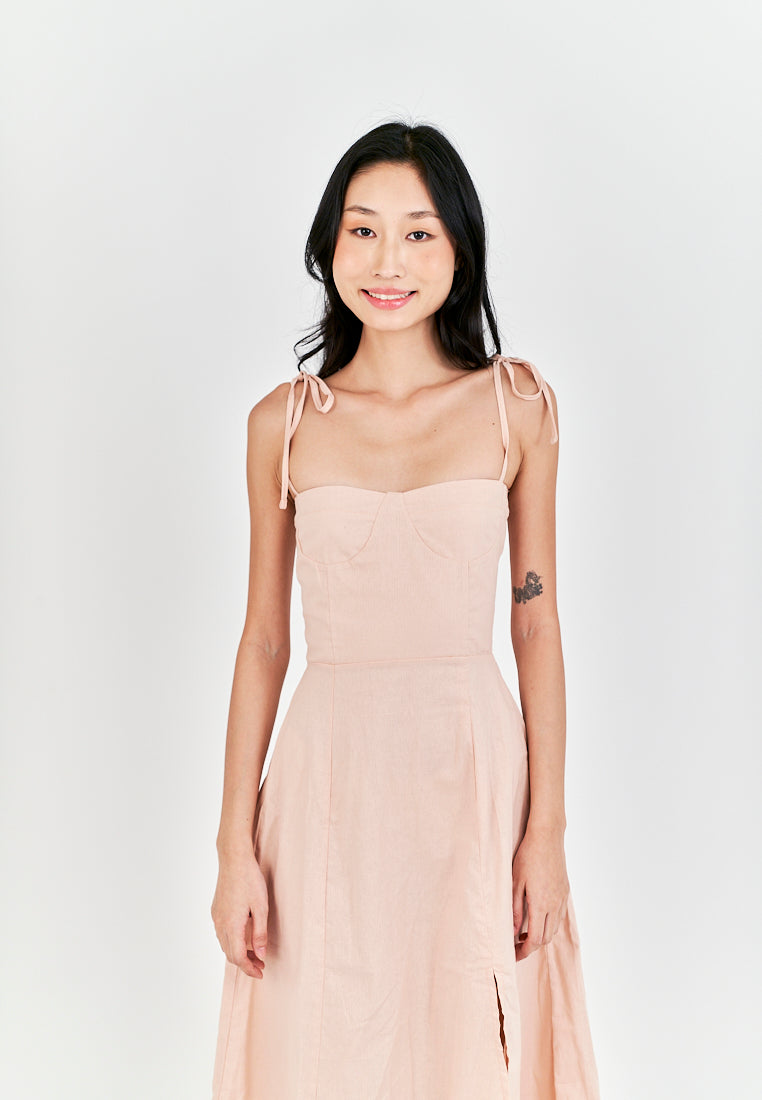 Kushana Pink Linen Sleeveless Self Tie Strap Smock Back Thigh Slit Midi Dress