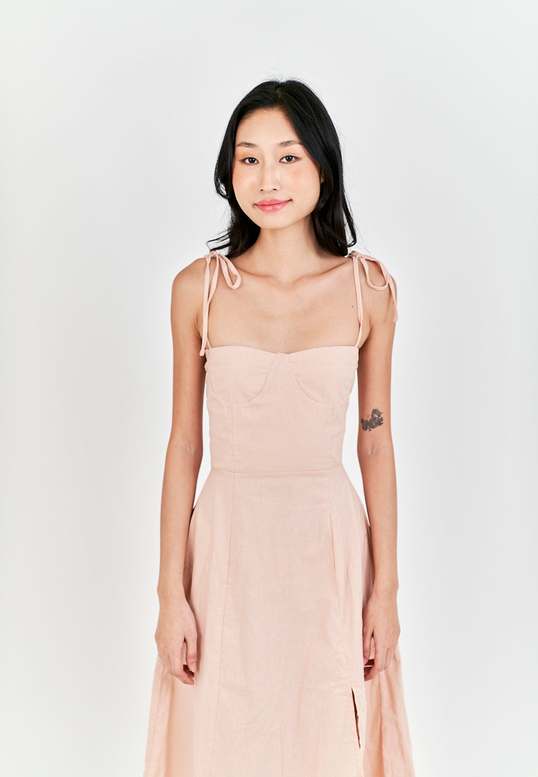 Kushana Pink Linen Sleeveless Self Tie Strap Smock Back Thigh Slit Midi Dress