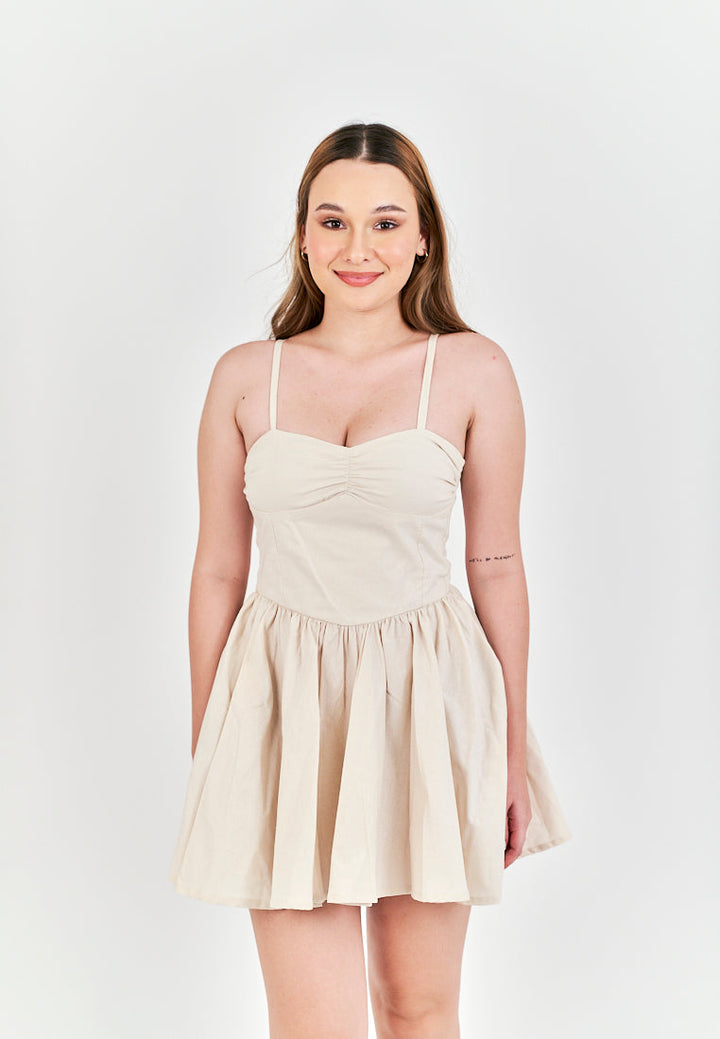 Arrietty Off White Sweetheart Neckline Sleeveless Smocked Zipper Back Mini Dress