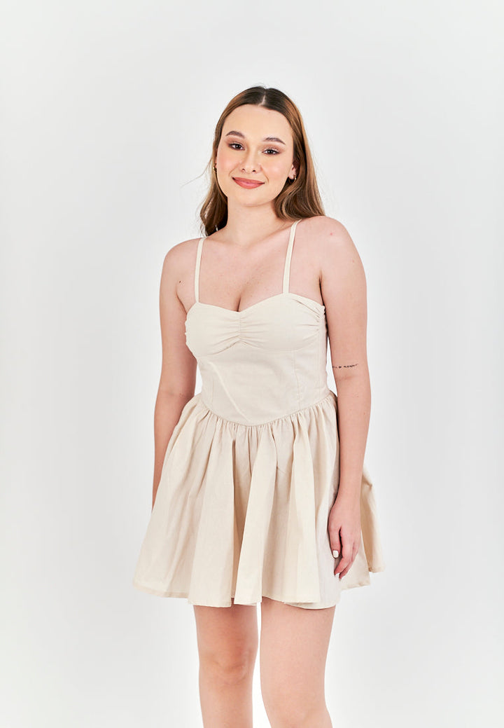 Arrietty Off White Sweetheart Neckline Sleeveless Smocked Zipper Back Mini Dress
